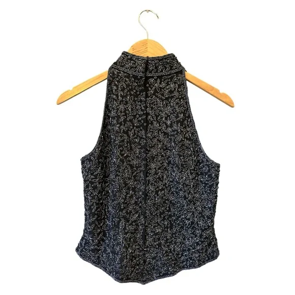Vintage PAPELL BOUTIQUE Evening Black Silk Beaded Sleeveless Top Sz S/M Cocktail - Picture 3 of 5